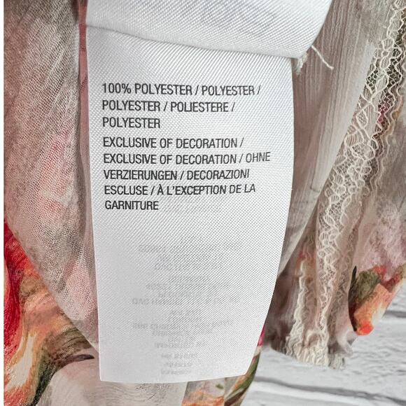 SUSAN GRAVER Women's L Floral Printed Sheer Chiffon Lace Trim Pleated Tunic Top - Picture 9 of 13